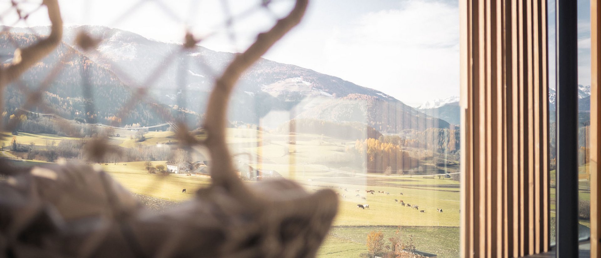 Vista attraverso sedia sospesa a rete su montagne e pascoli