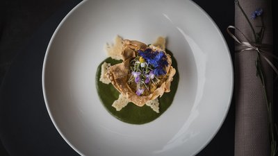 Fein angerichtetes Gericht mit essbaren Blumen und grünem Püree auf weißem Teller