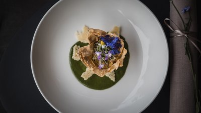 Fein angerichtetes Gericht mit essbaren Blumen und grünem Püree auf weißem Teller