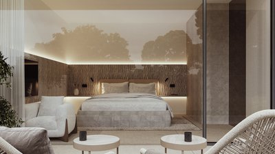 Camera da letto moderna con area salotto e letto grande dietro il vetro