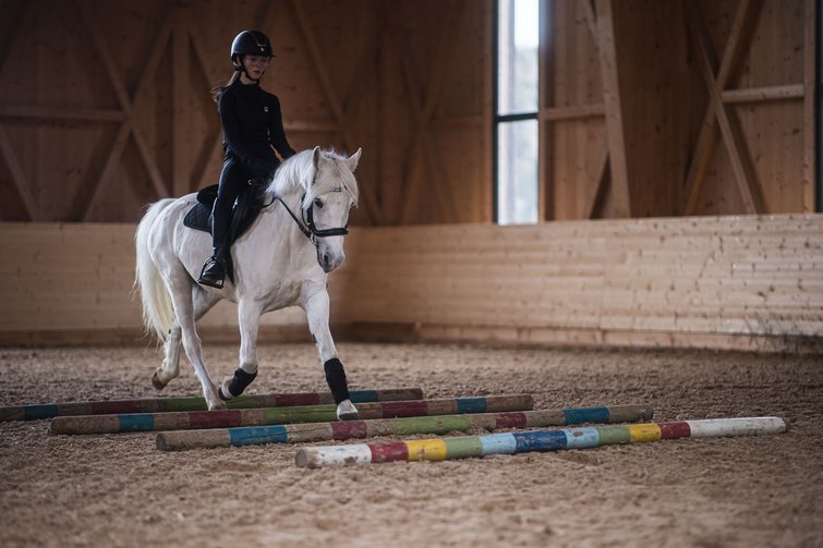 Dove fare equitazione in Alto Adige: hotel con maneggio Bambino cavalca cavallo bianco su pali colorati in un maneggio