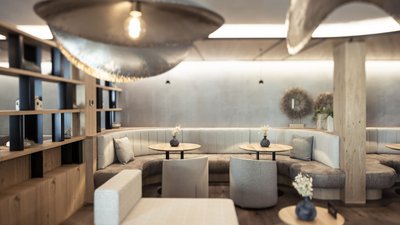 Caffè moderno con mobili in legno e aree salotto rotonde