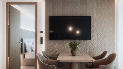 Modern dining area with TV and plant on a wooden table