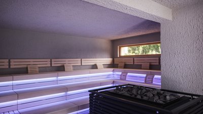 The best photos from our hotel in South Tyrol that kids love Modern sauna with wooden benches and ambient lighting