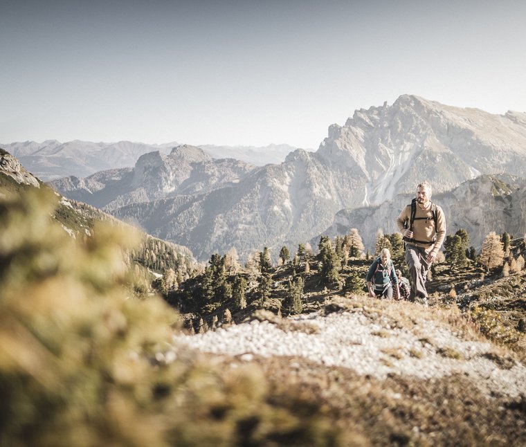 Escursionisti in montagna con catena montuosa sullo sfondo cielo limpido