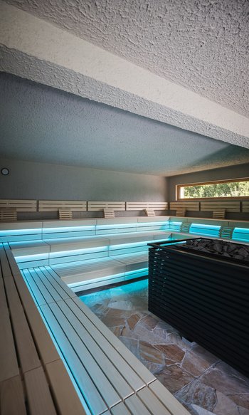 Stanza sauna moderna con panchine in legno e illuminazione LED blu