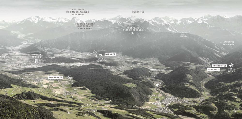 Blick auf Dolomiten mit markierten Orten und Aktivitäten wie Golf und Reiten