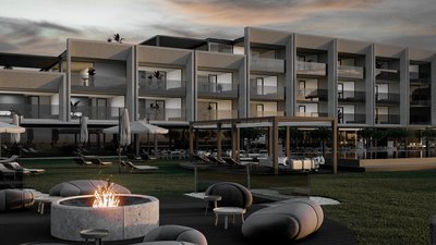 Hotel moderno con zona fuoco accogliente e arredi lounge di sera