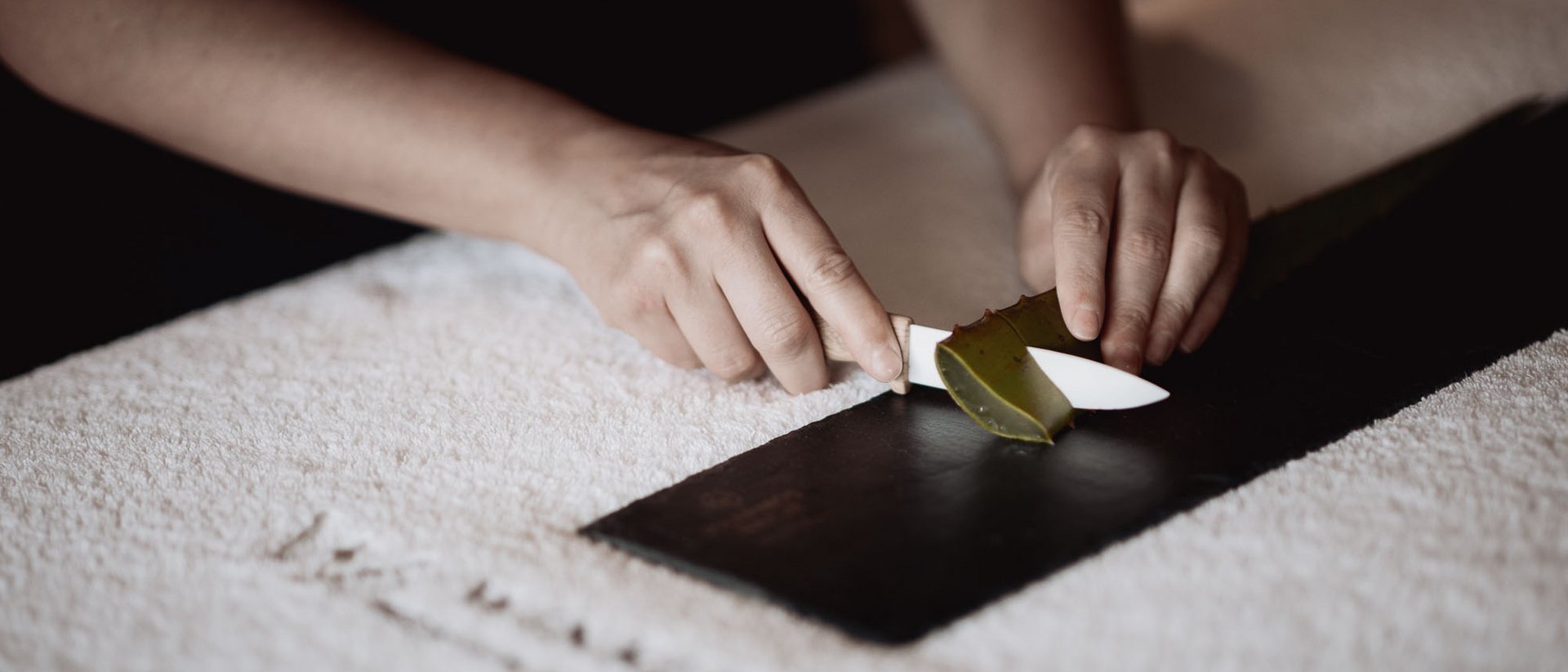 Hände schneiden Aloe Vera Blatt auf schwarzer Unterlage