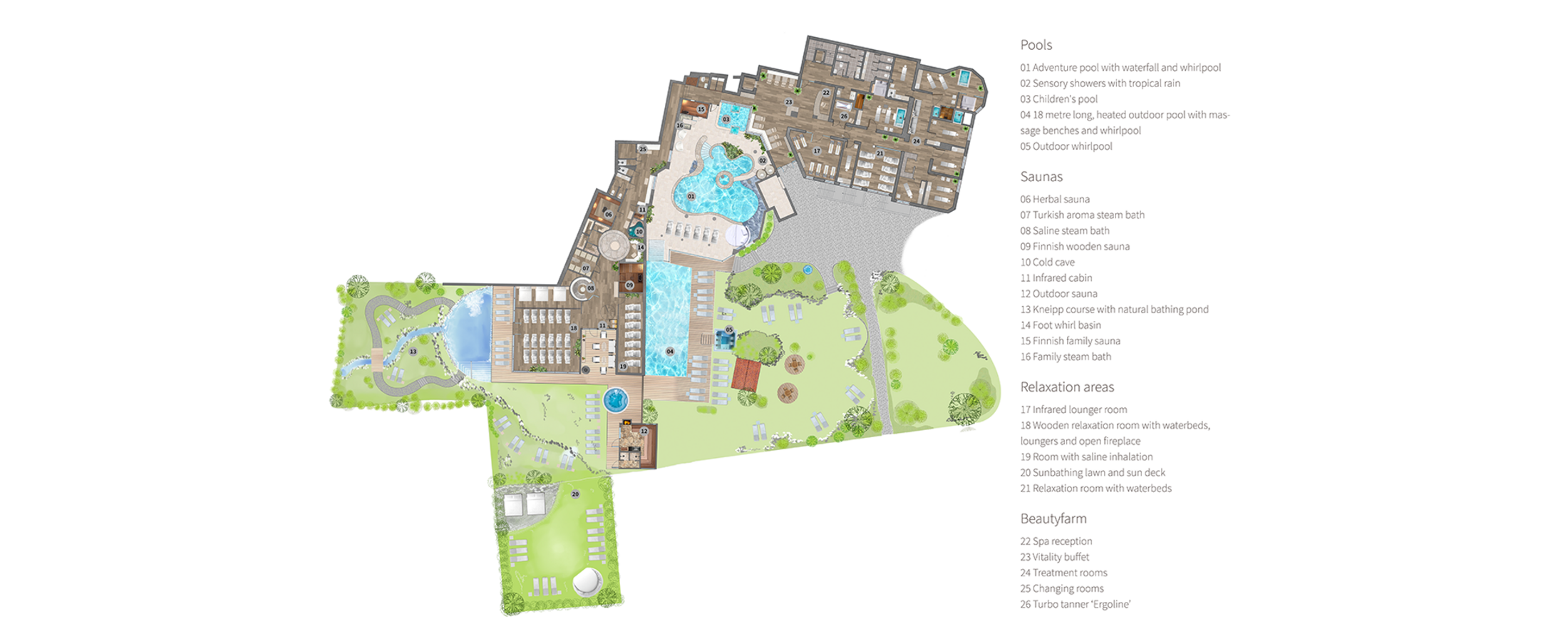 Wellness area floor plan with pools, saunas, and relaxation areas