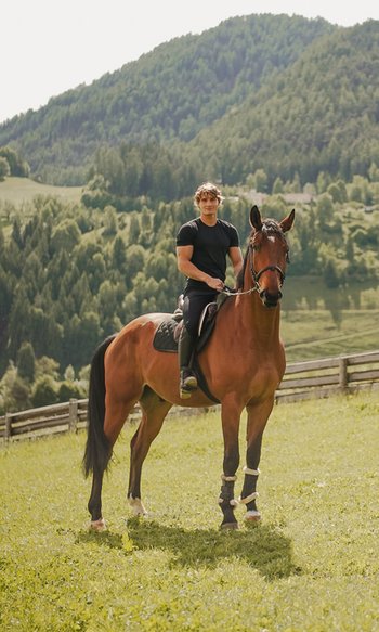 Uomo a cavallo di un cavallo marrone su un prato con montagne sullo sfondo