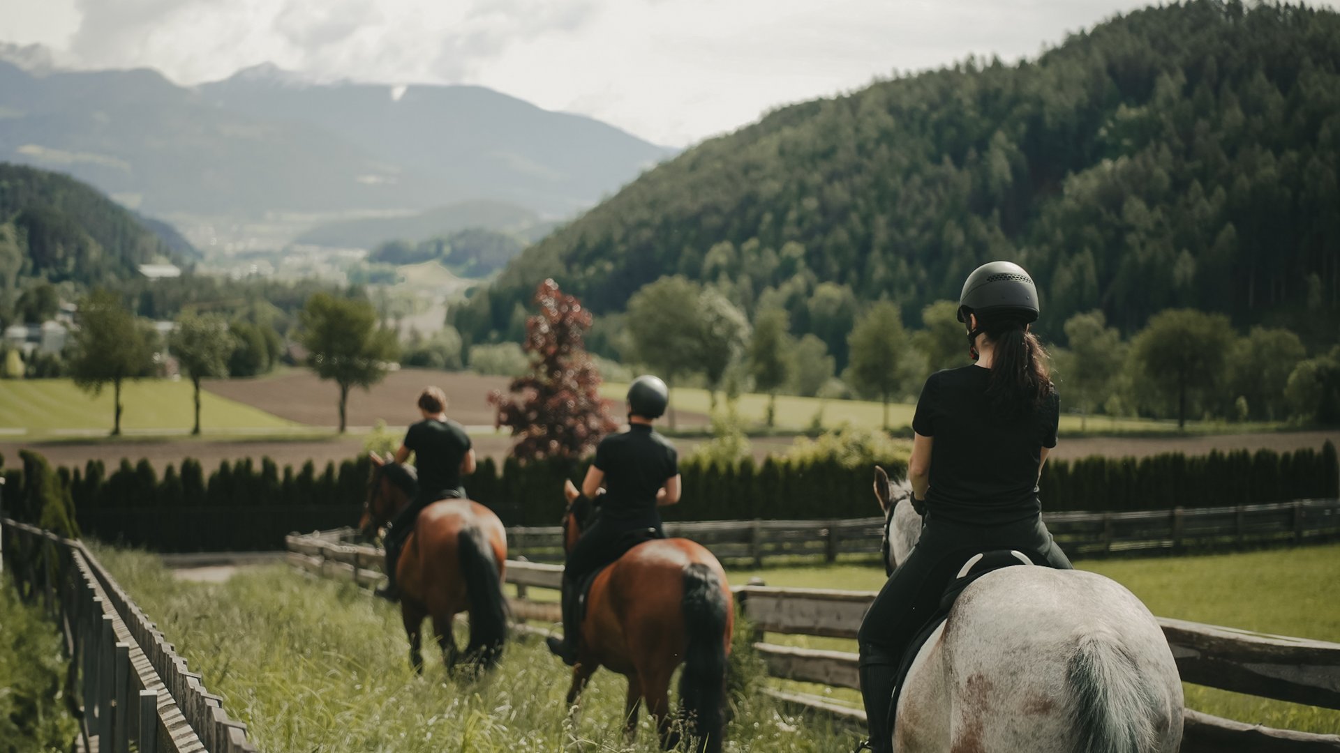 The Winklerhotels: your luxury hotels in South Tyrol Three riders on horses in a green landscape with mountains in the background