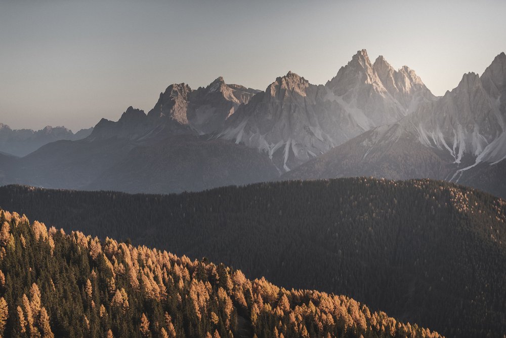 Berglandschaft mit bewaldeten Hügeln und felsigen Gipfeln im Abendlicht