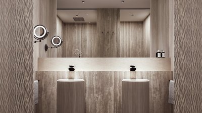 Bagno moderno con due lavandini a colonna e grande specchio