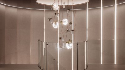 Modern hanging lamp with plants in a round room with subtle lighting