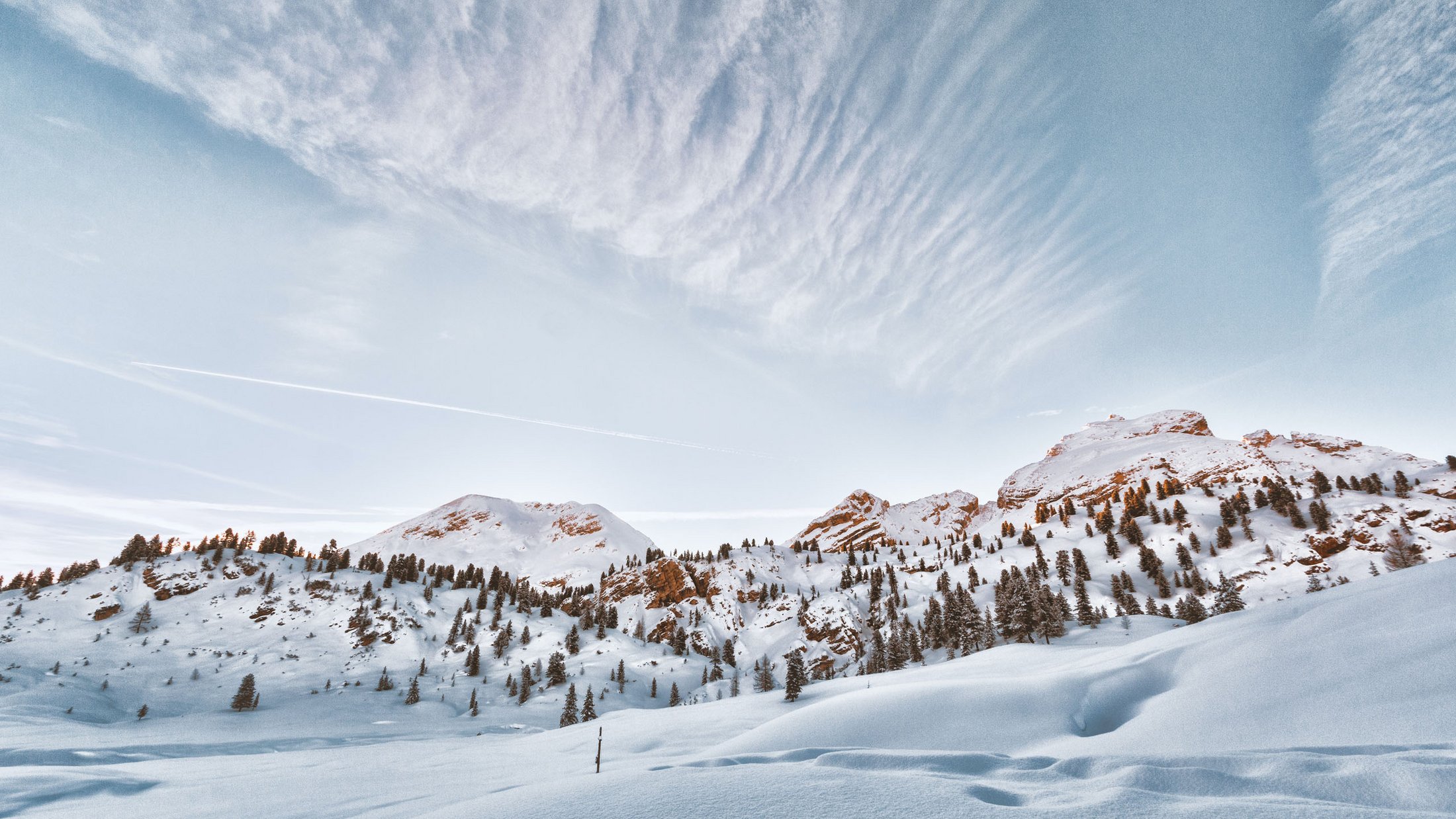 Paesaggio montano innevato con cielo azzurro limpido e alberi sparsi