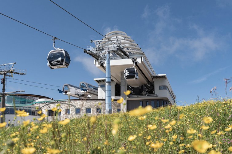Seilbahnstation mit blühender Wiese im Vordergrund und blauem Himmel