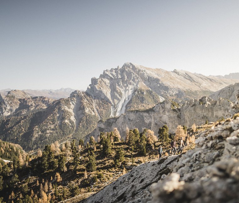 Escursionisti su sentiero di montagna davanti a grandi rocce e bosco