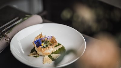 The best photos from our hotel in South Tyrol that kids love Gourmet appetizer with edible flowers and green sauce on a white plate