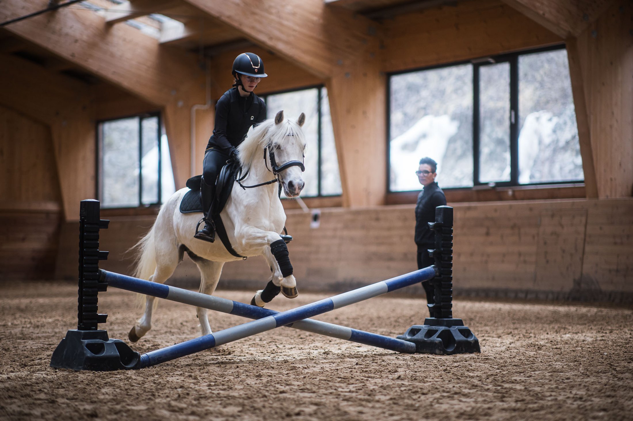 Dove fare equitazione in Alto Adige: hotel con maneggio Persona cavalca un cavallo bianco saltando un ostacolo in un maneggio