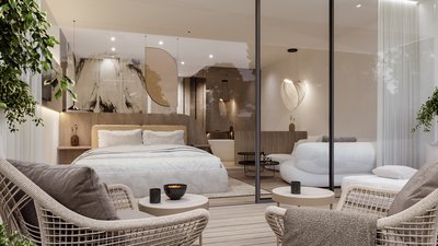 Area esterna moderna con poltrone e vista su camera da letto elegante