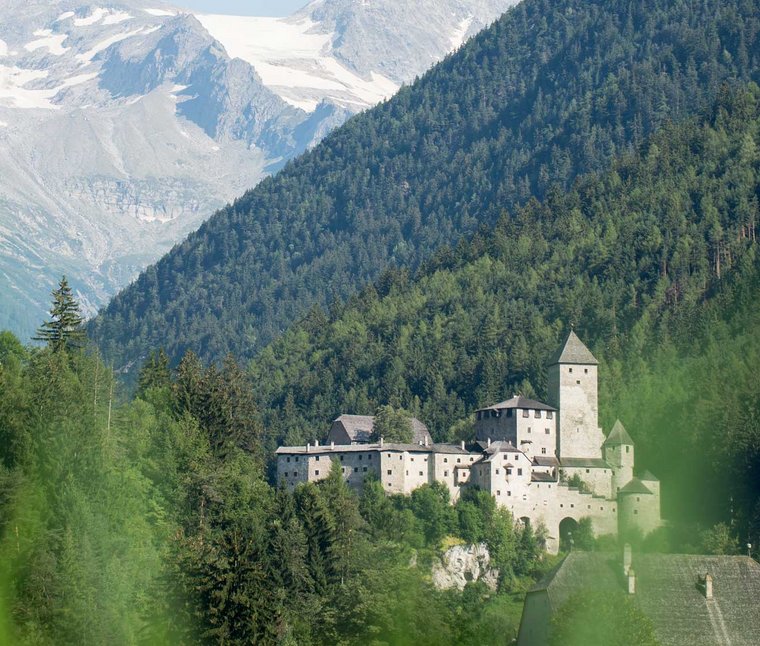 Burg in den Alpen mit bewaldeten Hügeln und schneebedeckten Bergen im Hintergrund