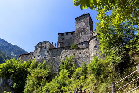 Castle on wooded hill under clear blue sky