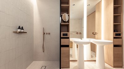 Bagno moderno con doccia a filo e due lavabi bianchi