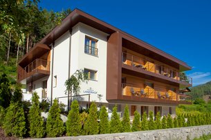Modern holiday home Residence Lanerhof with balcony and garden under blue sky