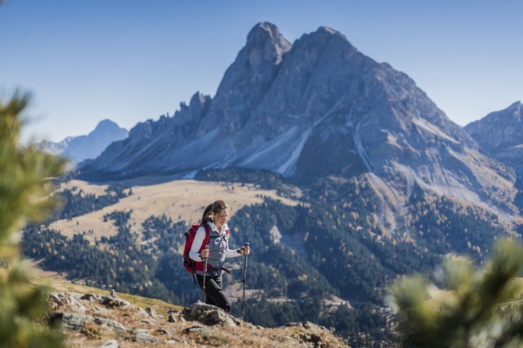 Frau wandert mit Stöcken in den Bergen an einem sonnigen Tag